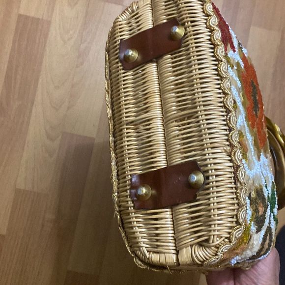 Vintage 60s Tropical Miami Lucite Wicker & Floral Fabric Beaded Handbag Purse - Picture 6 of 9